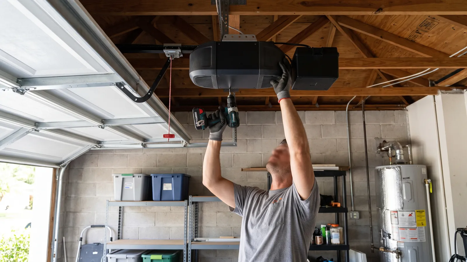 Technician mounting a belt-drive garage door opener with a battery backup to the ceiling of a tidy two-car garage in Port St. Lucie