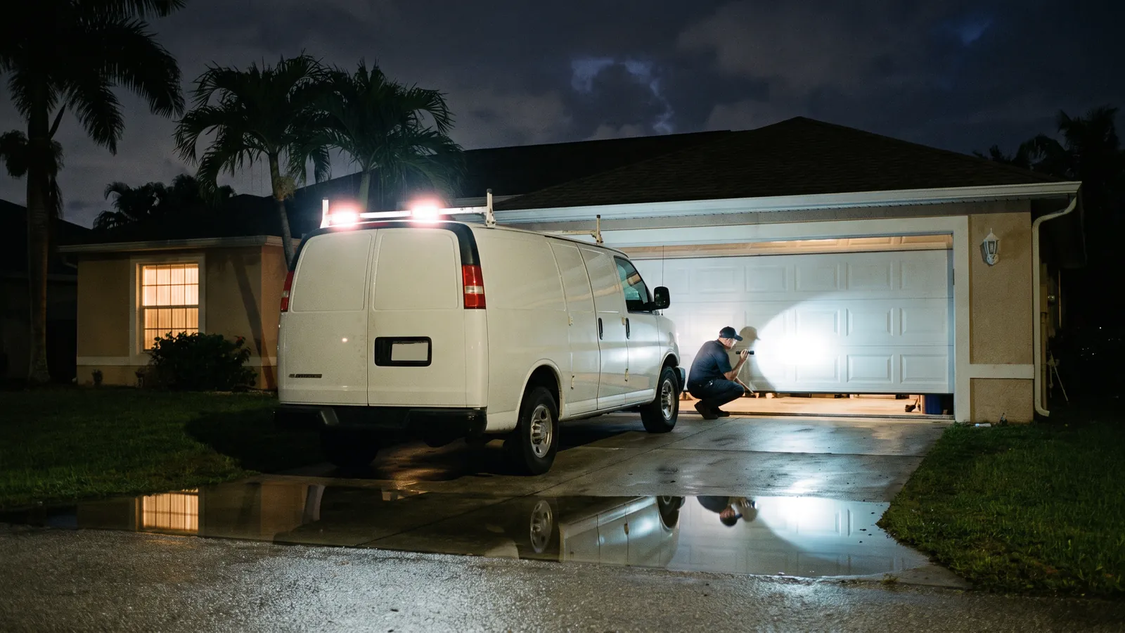 Service van with its work lights on in a Florida driveway at night, the garage door stopped halfway, a technician checking the track with a flashlight